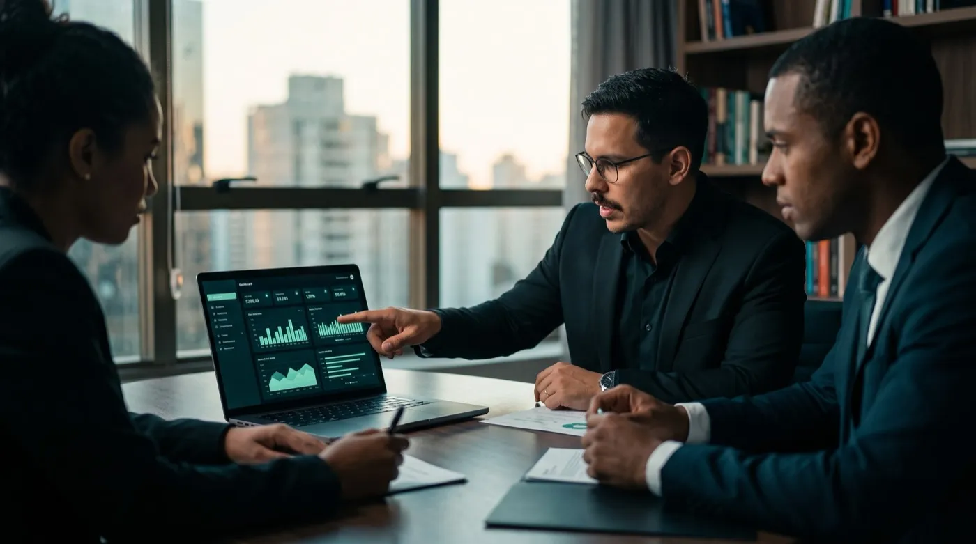 Consultor apresentando um dashboard de indicadores num notebook para dois colegas em escritório
