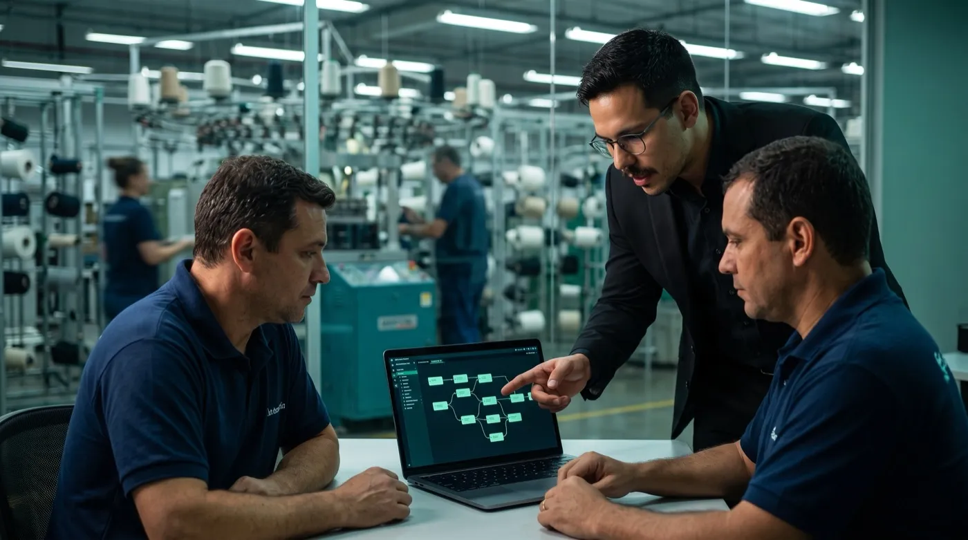 Instrutor da Centrato orientando dois profissionais de indústria num notebook, com o chão de fábrica têxtil ao fundo